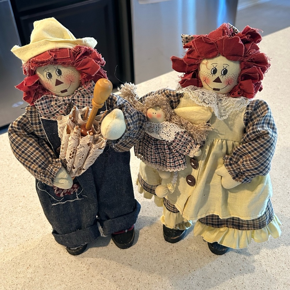 Handcrafted Rag Doll Family Set with Red and Yellow Outfits